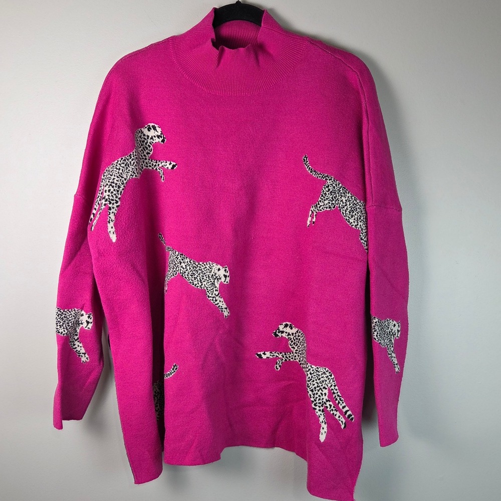 Entro Leopard Print Sweater Womens S Pink Excellent Mock Neck Oversized T19499